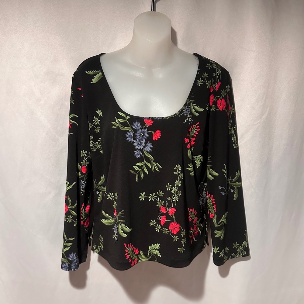 Vintage Black Floral Scoop Neck Dressy Long Sleeve Top Size Small